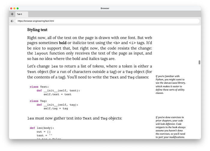 Screenshot of the toy browser showing a page with code blocks